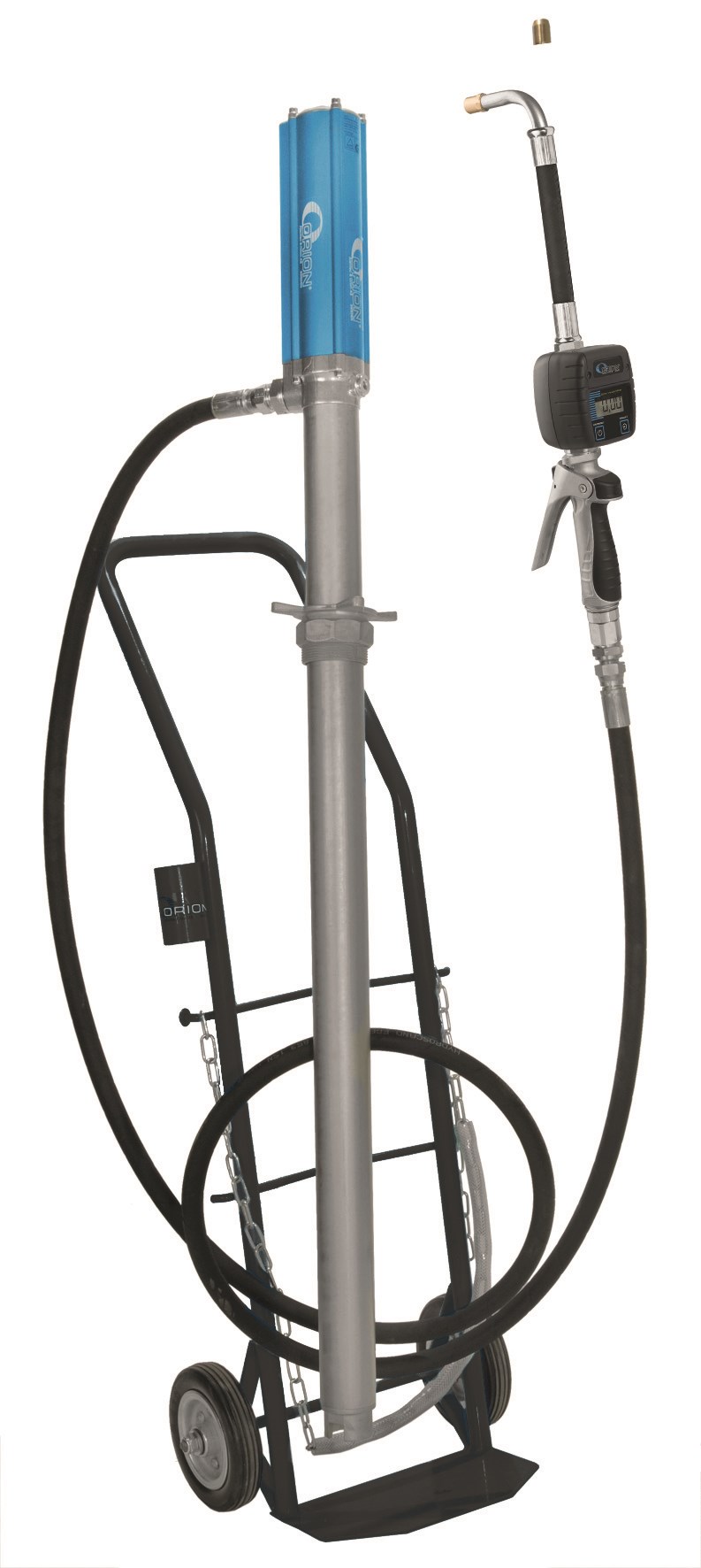 Distribut&ouml;r olja 60L fat med tryckluftdriven pump och m&auml;tverk.