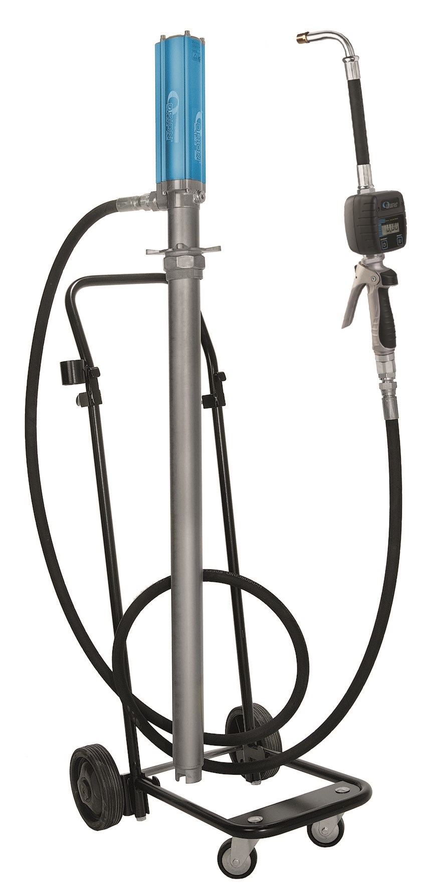 Distribut&ouml;r olja  f&ouml;r 60L fat. med tryckluftdriven pump och m&auml;tverk.