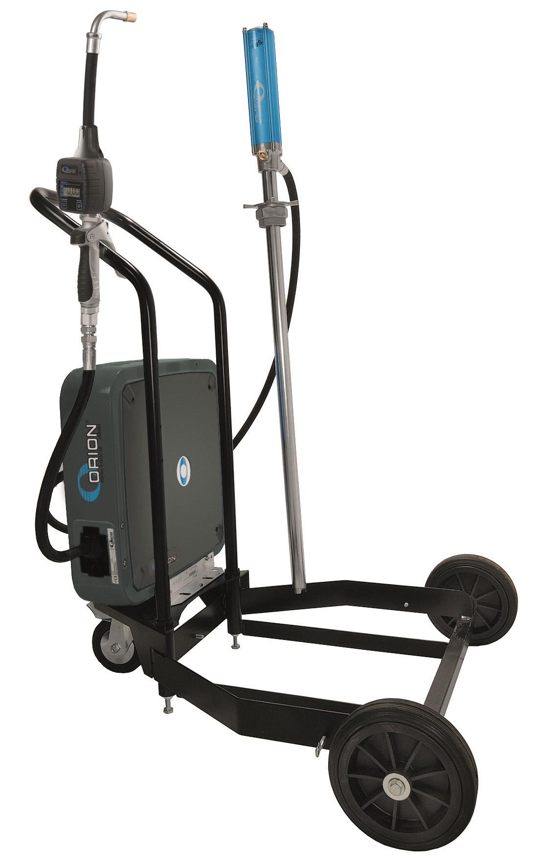 Mobil oljedistribut&ouml;r f&ouml;r 208 liters fat med pump, slangupprullare och m&auml;tverk.